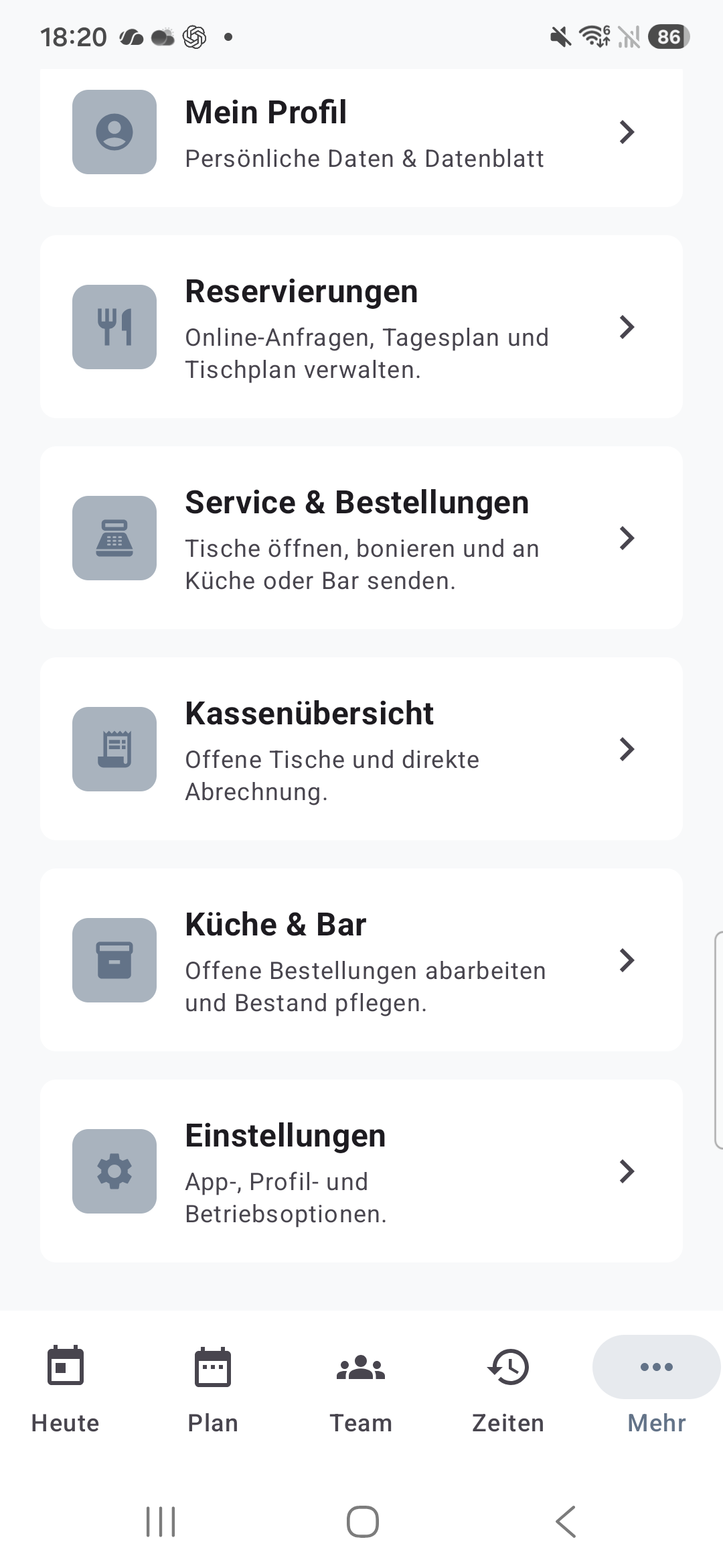 Echte WorkRadius-App mit den Bereichen Reservierungen, Service, Kasse sowie Küche und Bar
